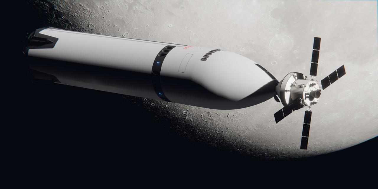 These artist’s concepts show SpaceX’s Starship Human Landing System (HLS) in operation on its journey to the Moon. Before astronauts launch in NASA’s Orion spacecraft atop the agency’s SLS (Space Launch System) rocket, SpaceX will launch a storage depot to Earth orbit. For Artemis III and Artemis IV, SpaceX plans to complete propellant loading operations in Earth orbit to send a fully fueled Starship HLS to the Moon. Starship HLS will then dock directly to Orion so that two astronauts can transfer from the spacecraft to the lander to descend to the Moon’s surface, while two others remain in Orion. Beginning with Artemis IV, NASA’s Gateway lunar space station will serve as the crew transfer point. NASA is working with SpaceX to develop Starship HLS to carry astronauts from lunar orbit to the Moon’s surface and back for Artemis III and Artemis IV as part of the agency’s Artemis campaign.  